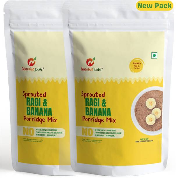 Nutribud Foods Sprouted Ragi and Banana Porridge Mix - Pack of 2 - No Preservatives/Additives/Added Sugar/Salt/Milk Solids, Naachni Satva Baby Food (All Ages Above 6 Months+, 200 gm) Cereal