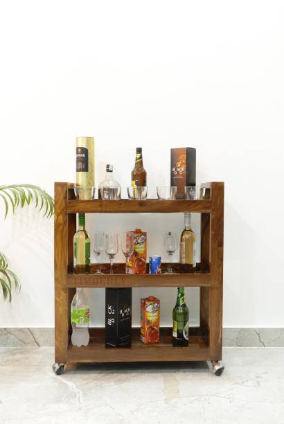 Timberly Sheesham Wood Bar Trolley | Bar Cabinet with 3 Shelf and 4 Wheels-32x12x28 Inch Solid Wood Bar Cabinet