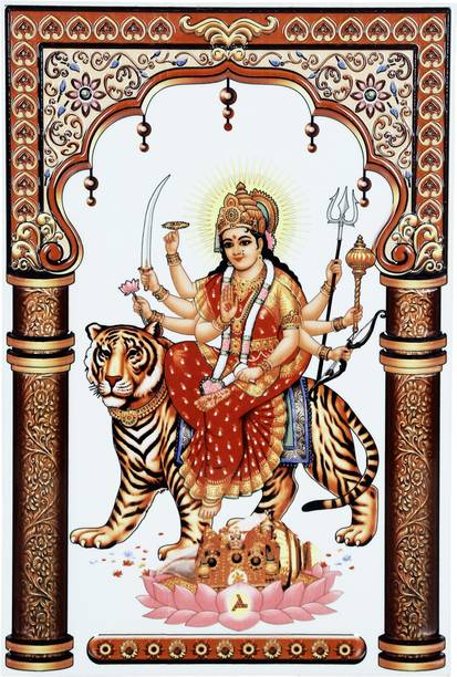KRAFTORY369 Durga Maa Ambe Sherawali, Ceramic Tiles, God Photo Frame, (10x15 Inches), Decoration Religious Tile