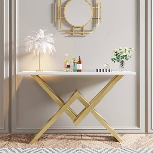 NG Decor Narrow Rectangular White Console Table with Wooden Top and Gold Metal Base Metal Console Table