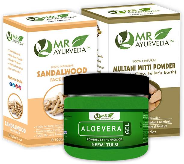 MR Ayurveda Aloe Vera Gel with Neem Tulsi, Sandalwood Powder and Multani Powder - Set of 3