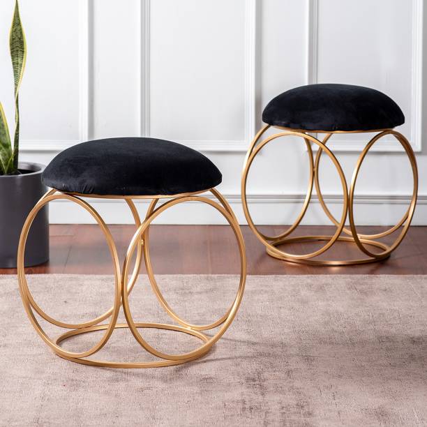 nestroots Sitting Stool for Living Room Furniture Set of 2 Ottoman pouffes for Sitting | Metallic Side Table Puffy Foot Stool with Metalic Ring Gold Legs Home Furniture ( 14 inch Black) Stool