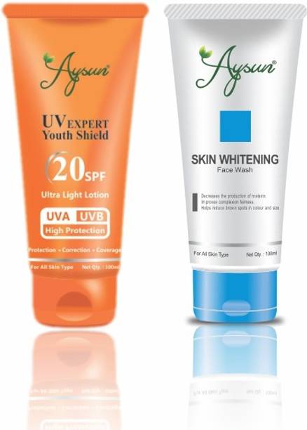 Aysun UV Expert Youth Shield 20SPF Ultra Light Lotion & Skin Whitening Face Wash Combo Pack of 2