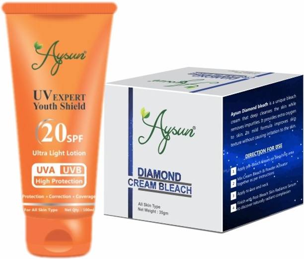 Aysun UV Expert Youth Shield 20SPF Ultra Light Lotion & Diamond Cream Bleach 35gm Combo Pack of 2