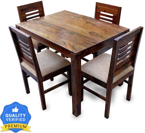 Taskwood Furniture Premium Quality Sheesham Solid Wood Four Seater Dining Table Set With Four Chair For Dining Room | Finish :- Walnut | Cushion :- Cream Solid Wood 4 Seater Dining Set