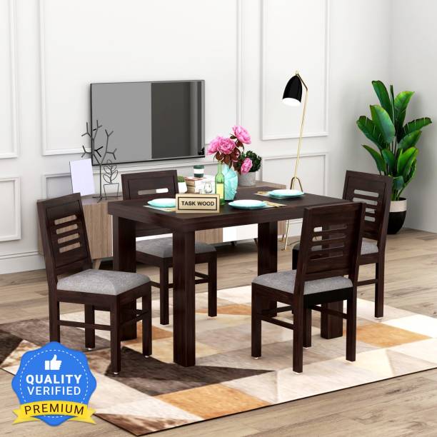 Taskwood Furniture Solid Wood 4 Chairs| Finish- Walnut| Cushion- Grey Solid Wood 4 Seater Dining Set
