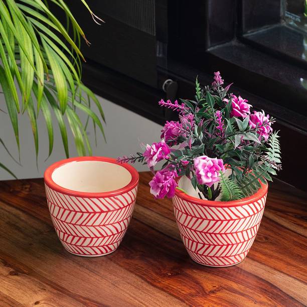 ExclusiveLane 'Red Chevrons' Handmade & Hand-painted Table Planters In Ceramic Plant Container Set