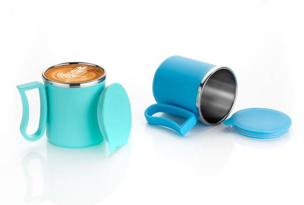ऑफीक्स Stainless Steel Tea Cup Stainless Steel Coffee with Lid (300 ml)(Blue,Green) स्टेनलेस स्टील मग