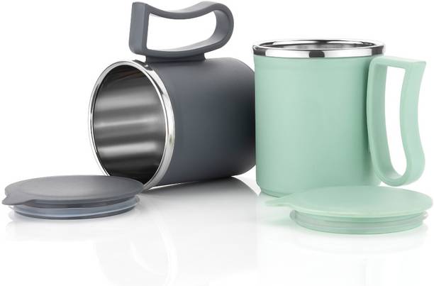 ऑफीक्स Stainless Steel Tea Cup Stainless Steel Coffee with Lid (300 ml)(Grey,Green) स्टेनलेस स्टील मग