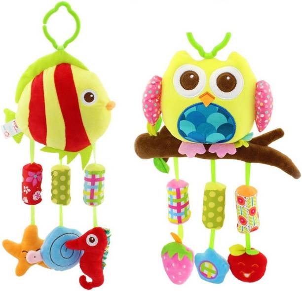 BABY STATION Baby Crib & Stroller Plush Playing Toy Car Hanging Rattles Pack of 2 Shark Owl