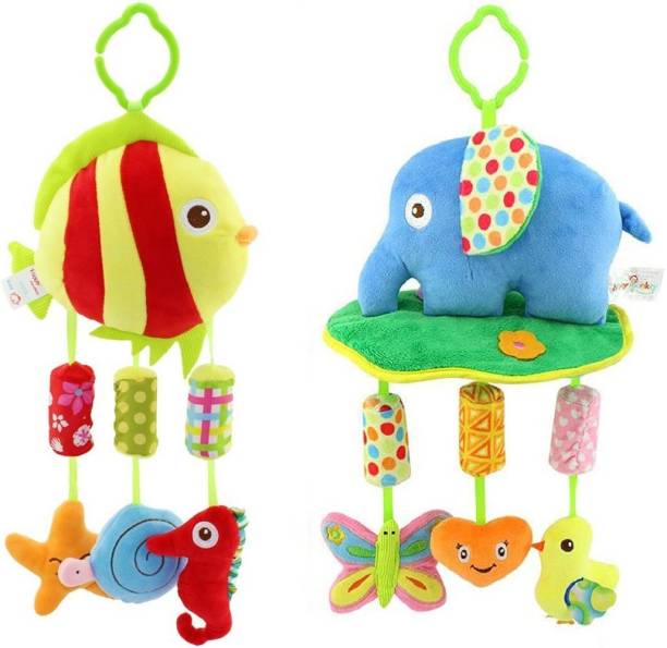 BABY STATION Baby Crib Stroller Plush Playing Toy Car Hanging Rattles Pack of 2 Shark Elpt