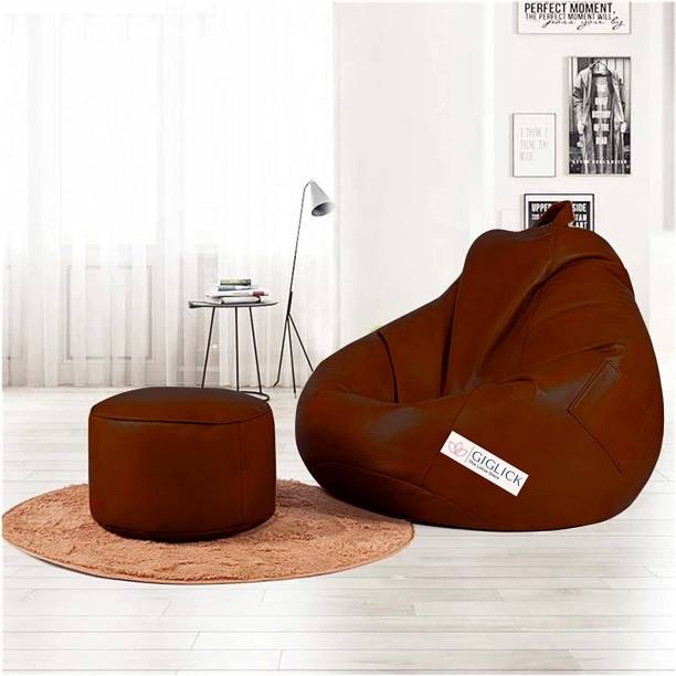 GIGLICK 4XL Filled with Beans Faux Leather Bean Bag with Footrest XXXXL | Ready To Use Teardrop Bean Bag  With Bean Filling