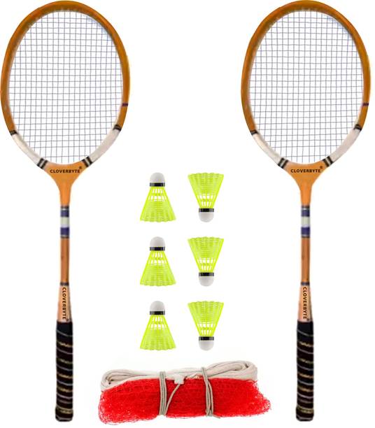 CLOVERBYTE Wooden Badminton kit Set Of 2 Piece Racquet with 6 Piece Plastic Shuttle Cock and 1 Net बैडमिंटन किट
