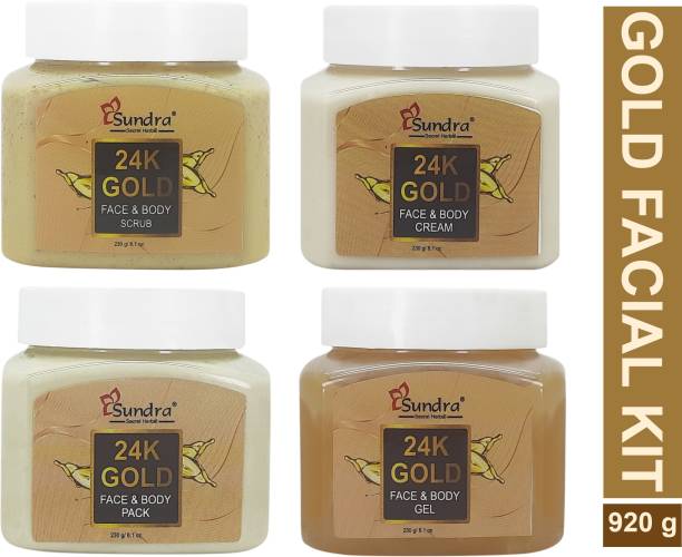Sundra Secret Herbal 24K Gold Facial Kit Combo 920g (Massage Cream, Scrub, Face Pack & Gel) (4X230g)