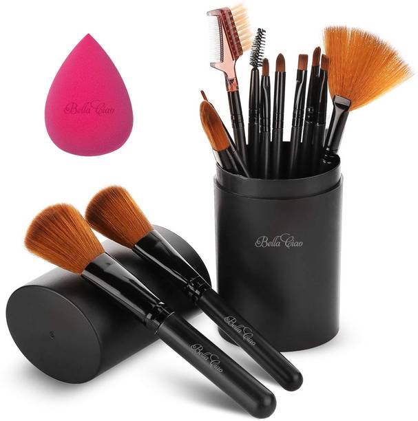 Bella Ciao Professional Series Black Makeup Brush Set With Storage Barrel With Sponge Puff