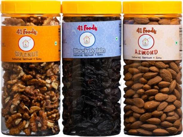 41 foods Dry fruits combo pack Black Raisins Almonds Walnuts | akhrot badam kismis 450 GM Walnuts, Almonds, Raisins