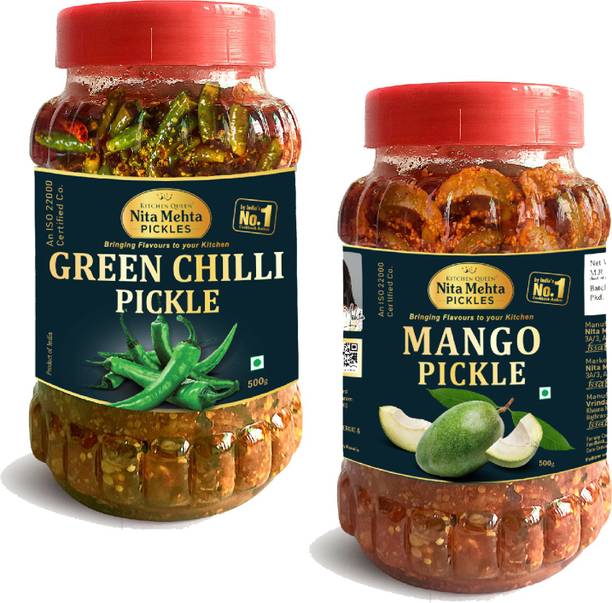 KITCHEN QUEEN NITA MEHTA Combination of Green Chilli Pickle 500g | Mango Pickle 500g | 1 Set of 2 Pickles Green Chilli, Mango Pickle