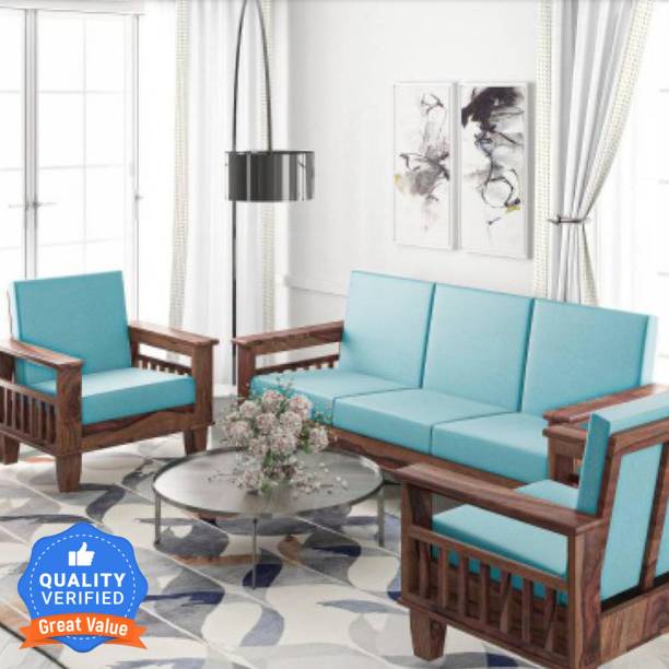 Kendalwood Furniture Fabric 3 + 1 + 1 Mahogany Finish with Blue Cushions Sofa Set