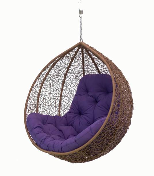 Furniture kart Luxury Hammock Swing Chair Jhoola Hanging Egg Chair Brown with Purple Cushion Steel Large Swing