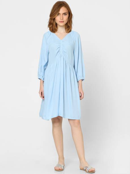 Women A-line Light Blue Knee Length Dress
