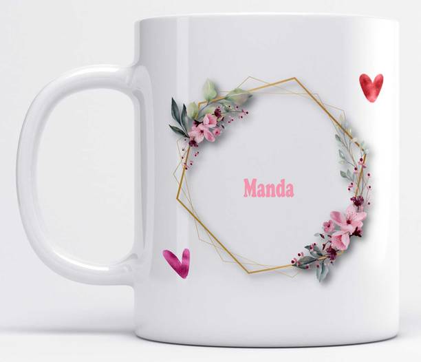 LOROFY Name Manda Printed Floral and Hearts Design Ceramic Coffee Mug