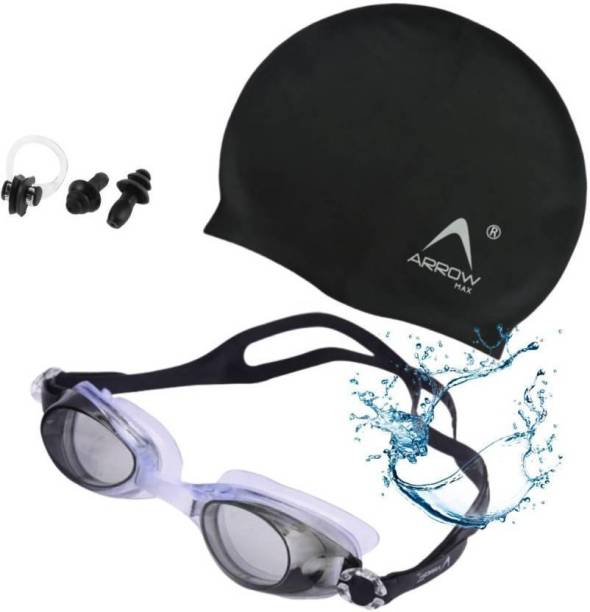 ArrowMax Swimming Kit(silicone cap/Swimming Goggle/Earplugs/Noseplug) Black Swimming Kit