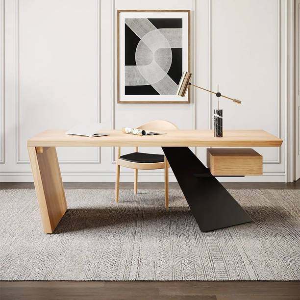 NG Decor 63" Rustic Industrial PlyWood Writing Desk for Office with Drawer in Black Engineered Wood Office Table