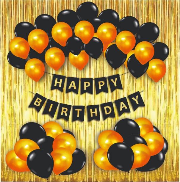 PartyballoonsHK Printed Combo of 33, 1 Piece Happy Birthday Banner, 30 Black and Golden Balloon, 2 Curtains, great Product (Set of 33) Balloon
