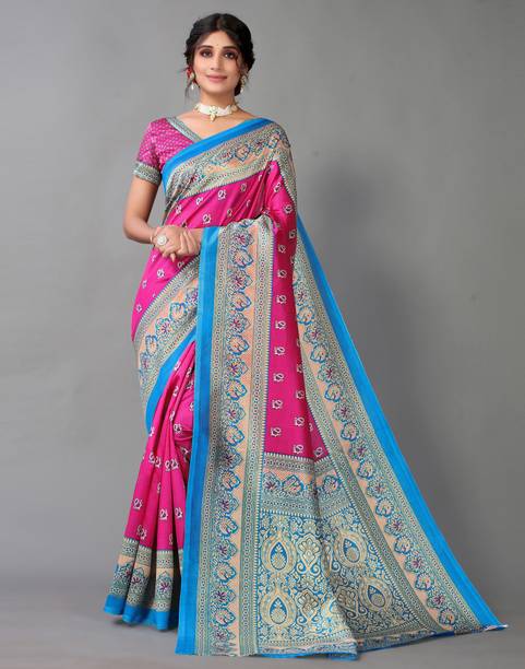 Printed, Geometric Print, Floral Print, Paisley, Self Design Kanjivaram Cotton Silk, Silk Blend Saree