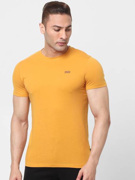 Men Solid Round Neck Pure Cotton Yellow T-Shirt