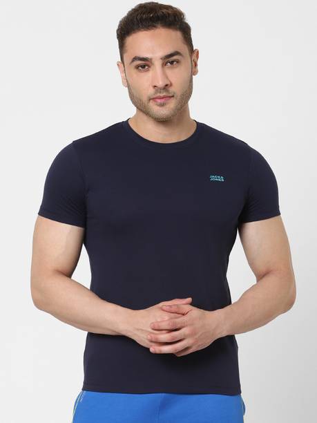 Men Solid Round Neck Pure Cotton Dark Blue T-Shirt