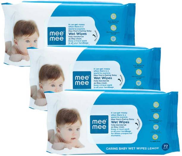 MeeMee Caring Baby Wet Wipes with Lemon & Aloe Vera Fragrance - 72 pcs (Pack of 3)