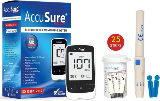 AccuSure SENSOR BLOOD GLUCOSE METER WITH 25 STRIPS AND 10 LANCETS 25 Glucometer Strips