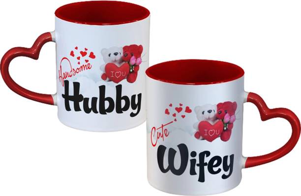 JAIPURART Wifey Hubby for Husband, Wife On Anniversary,Birthday Red Heart Handle सिरेमिक मग