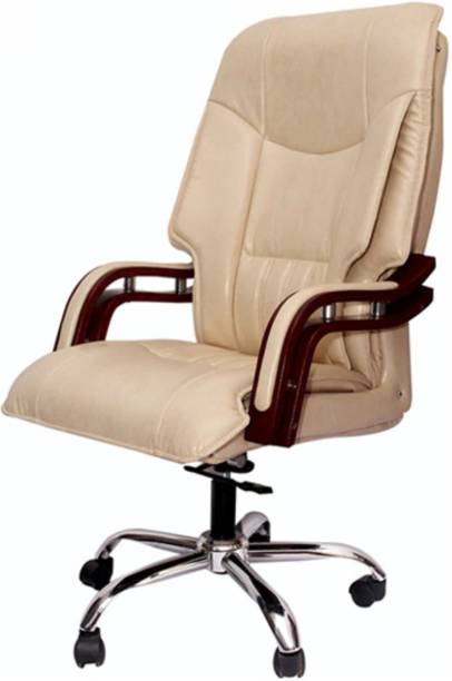 Lakdi - The Furniture Co. Cream Fully Modern Upholstered High Back Executive Revolving Office Chair with Wooden Armrest Support Leatherette Office Executive Chair