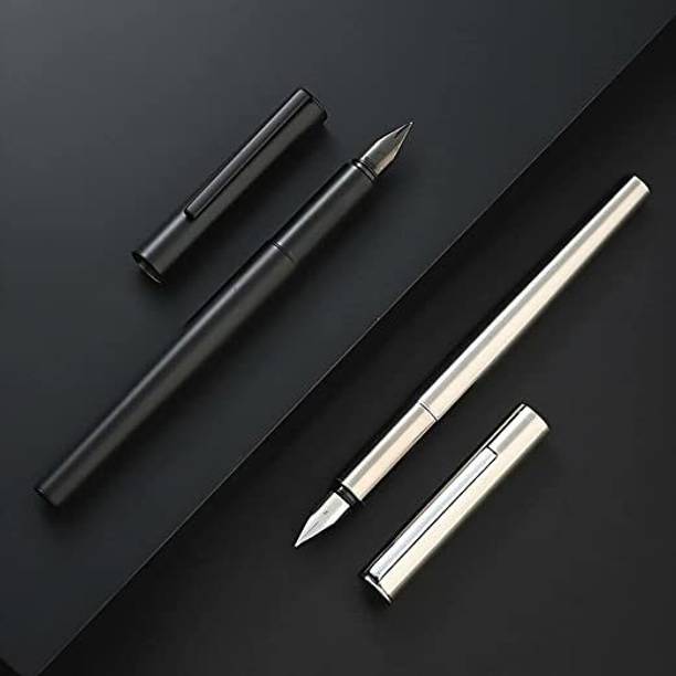 Ledos Set Of 2 - Jinhao 35 Matt Black & Silver Metal Body Fine Nib With Converter Fountain Pen