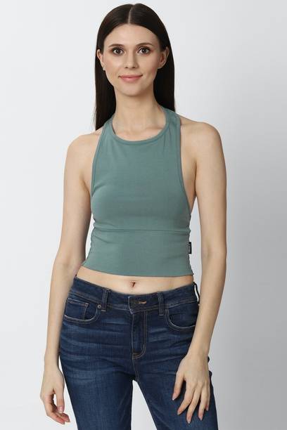 Casual Sleeveless Solid Women Green Top