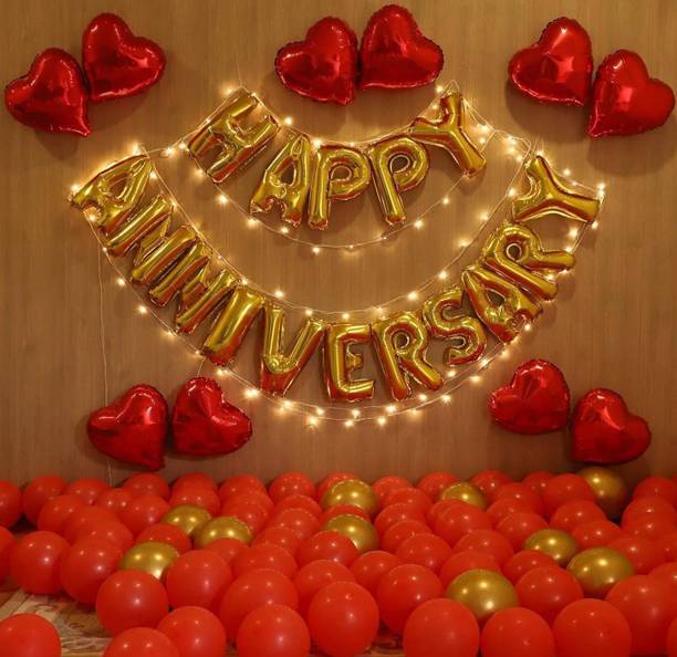 डेकॉर माय पार्टी सॉलिड Happy Anniversary Golden Letter Foil Balloons Set with Heart Shape Foil , Battery Operated Fairy Light for Wedding Anniversary Celebration , Room Decorating Items Marriage Theme Decorative Foil लेटर बैलून