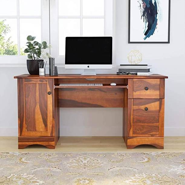heer handicraft Simpla Office Computer Table,3 Drawer,Single Door Cabinet,Leg & Keyboard Support Solid Wood Workstation