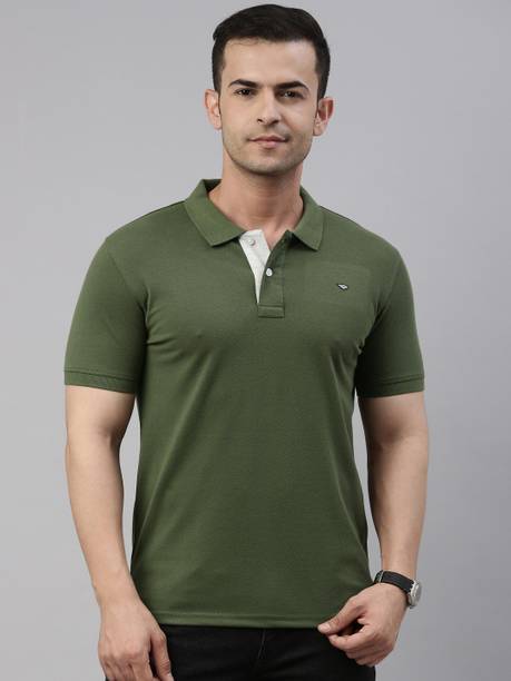 Solid Men Polo Neck Cotton Blend Dark Green T-Shirt