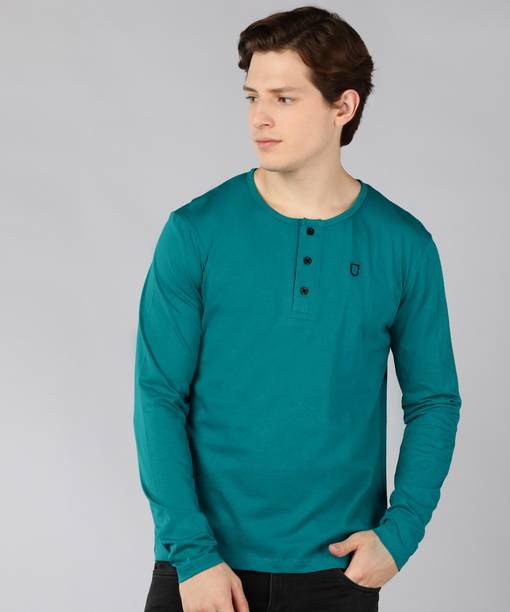 Urbano Fashion Men Solid Henley Neck Pure Cotton Green T-Shirt
