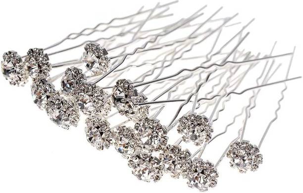 TopLine Chauhan 12pc Crystal Silver Metal Flower Decoration Juda Pin For Hair |Pearl Pin Styling Hair Pin