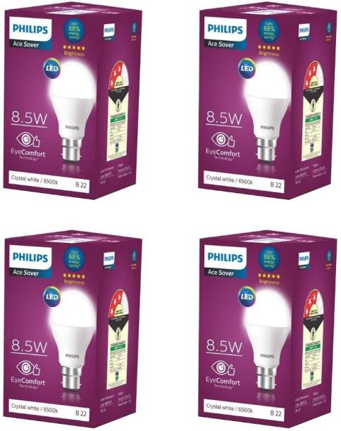 PHILIPS 8.5W B22 LED Bulb White, Pack of 4 8.5 W Round B22 LED Bulb