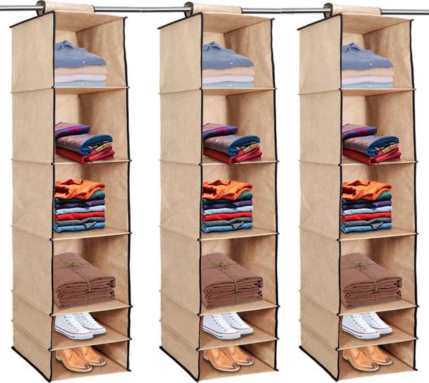 Home Style India 6 Shelf Closet Cloth Hanging Wardrobe Organizer Clothes Storage (3 Pcs, Beige) Closet Organizer