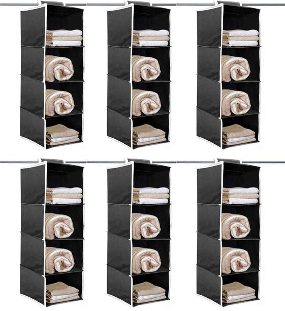 Home Style India Foldable Hanging 4 Shelves Clothes Storage Wardrobe Organizer (6 Pcs, Black) Closet Organizer