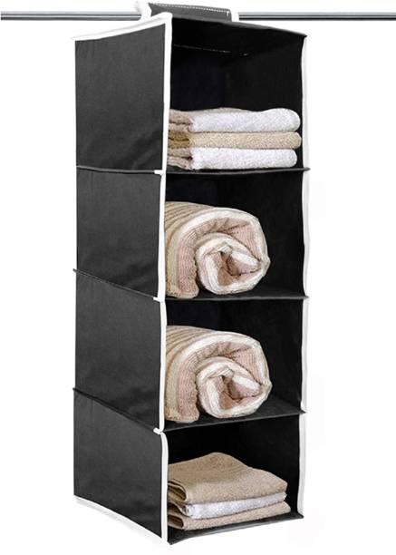 Home Style India Non Woven 4 Shelves Foldable Wardrobe Hanging Storage Organizer (1 Pcs, Black) Closet Organizer