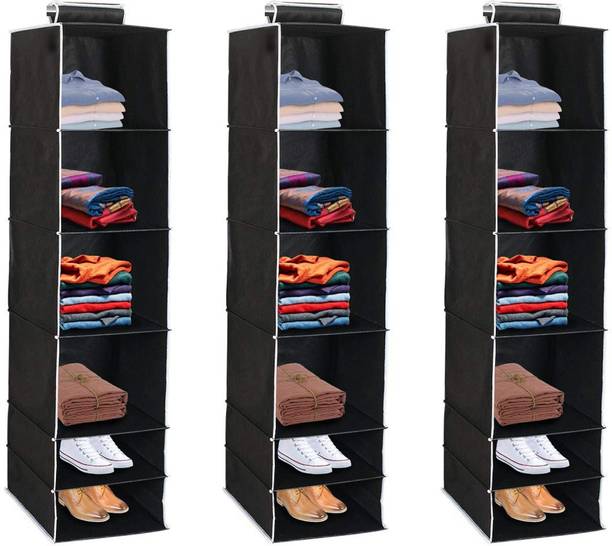 Home Style India 6 Shelf Closet Cloth Hanging Wardrobe Organizer Clothes Storage (3 Pcs, Black) Closet Organizer