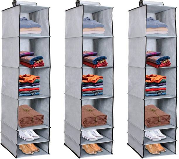 Home Style India 6 Shelf Closet Cloth Hanging Wardrobe Organizer Clothes Storage (3 Pcs, Grey) Closet Organizer