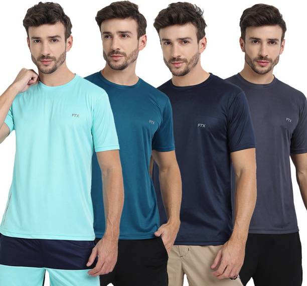 Pack of 4 Men Solid Round Neck Polyester Multicolor T-Shirt Price in India