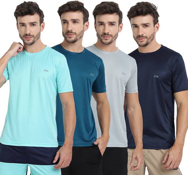 Pack of 4 Men Solid Round Neck Polyester Multicolor T-Shirt Price in India